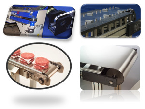 A photo showing four applications of metal belt conveyor systems